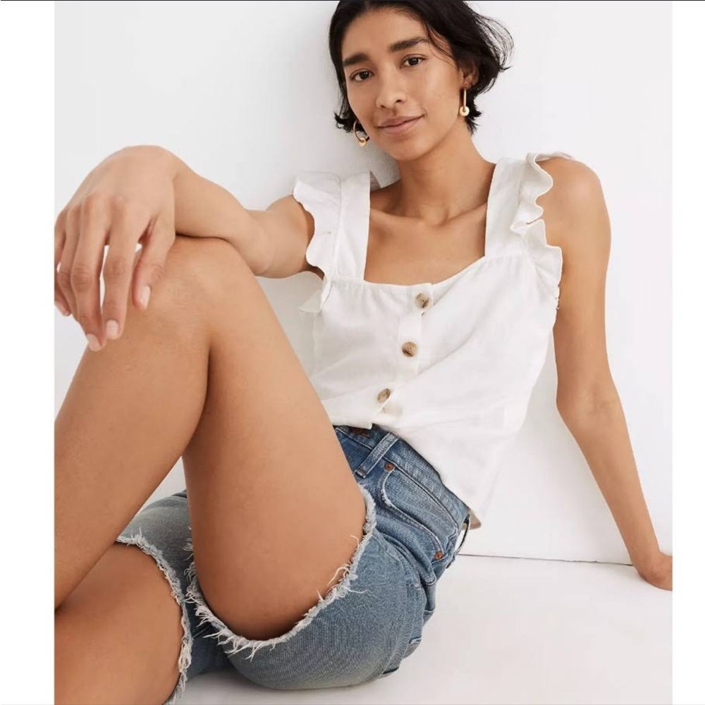 Madewell Linen-Blend Ruffle-Strap Button-Up Tank Top, XS